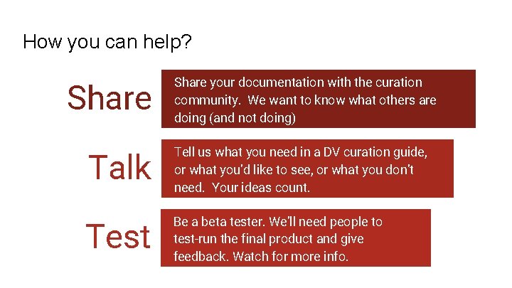 How you can help? Share your documentation with the curation community. We want to