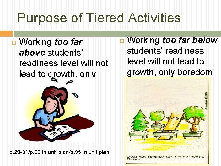 Purpose of Tiered Activities Working too far above students’ readiness level will not lead