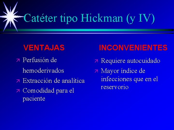Catéter tipo Hickman (y IV) VENTAJAS ä ä ä INCONVENIENTES Perfusión de ä hemoderivados