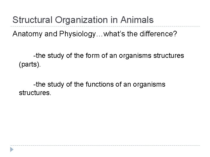 Structural Organization in Animals Anatomy and Physiology…what’s the difference? -the study of the form