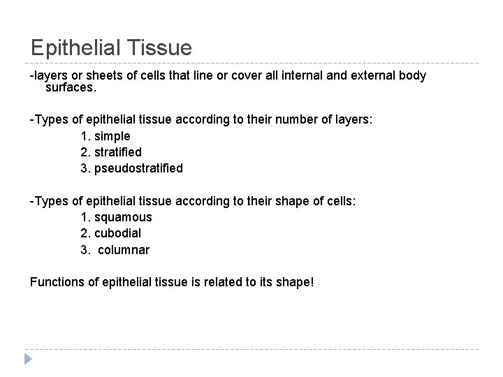 Epithelial Tissue -layers or sheets of cells that line or cover all internal and
