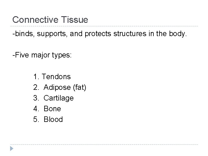 Connective Tissue -binds, supports, and protects structures in the body. -Five major types: 1.
