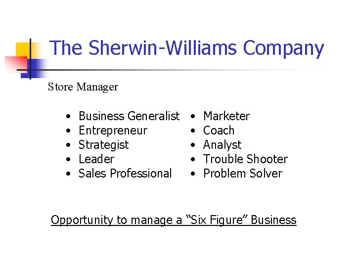 The Sherwin-Williams Company Store Manager • • • Business Generalist Entrepreneur Strategist Leader Sales