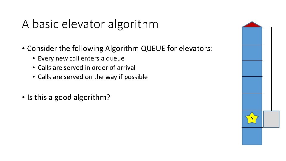 A basic elevator algorithm • Consider the following Algorithm QUEUE for elevators: • Every A basic elevator algorithm • Consider the following Algorithm QUEUE for elevators: • Every