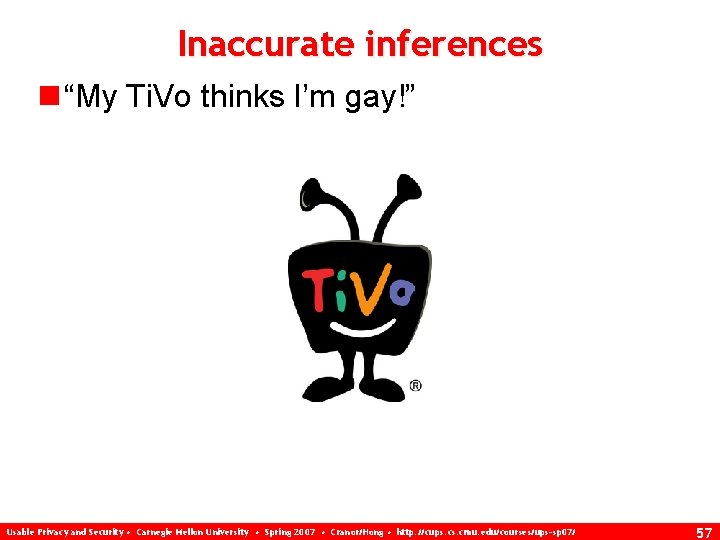 Inaccurate inferences n “My Ti. Vo thinks I’m gay!” Usable Privacy and Security •