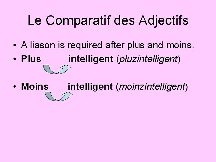 Le Comparatif des Adjectifs • A liason is required after plus and moins. •