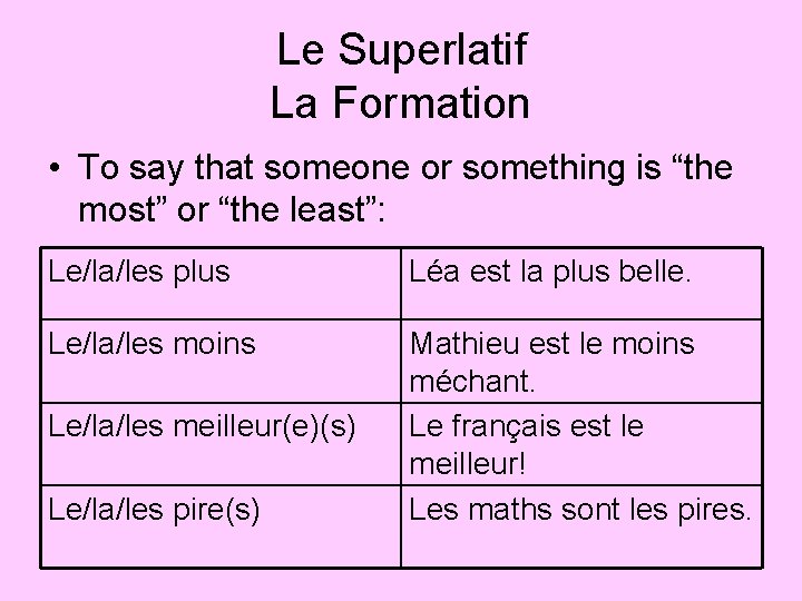 Le Superlatif La Formation • To say that someone or something is “the most”