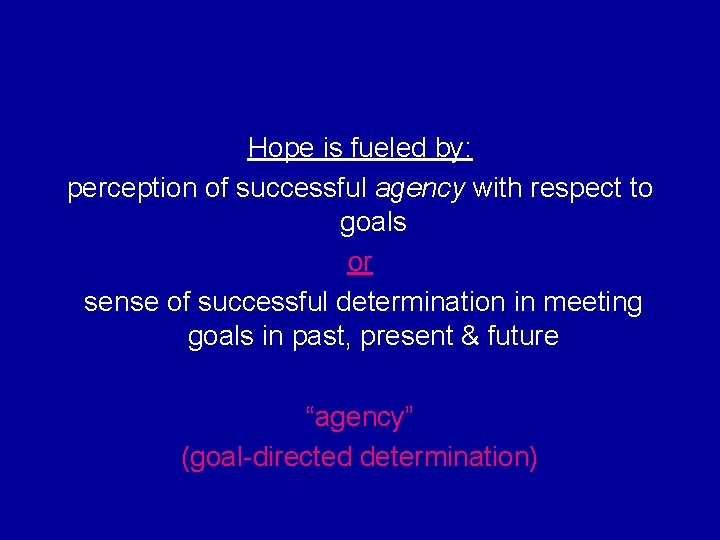 Hope is fueled by: perception of successful agency with respect to goals or sense