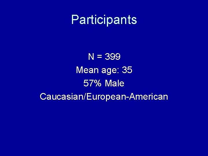 Participants N = 399 Mean age: 35 57% Male Caucasian/European-American 