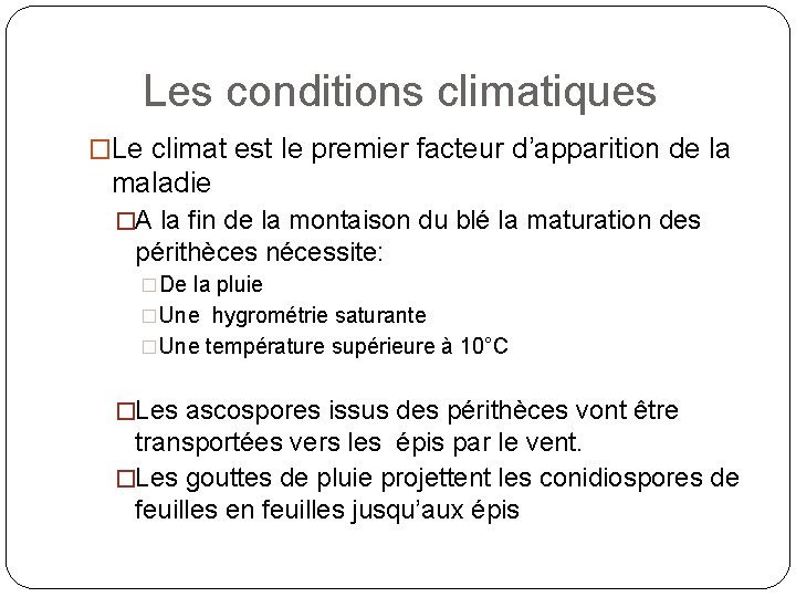 Les conditions climatiques �Le climat est le premier facteur d’apparition de la maladie �A