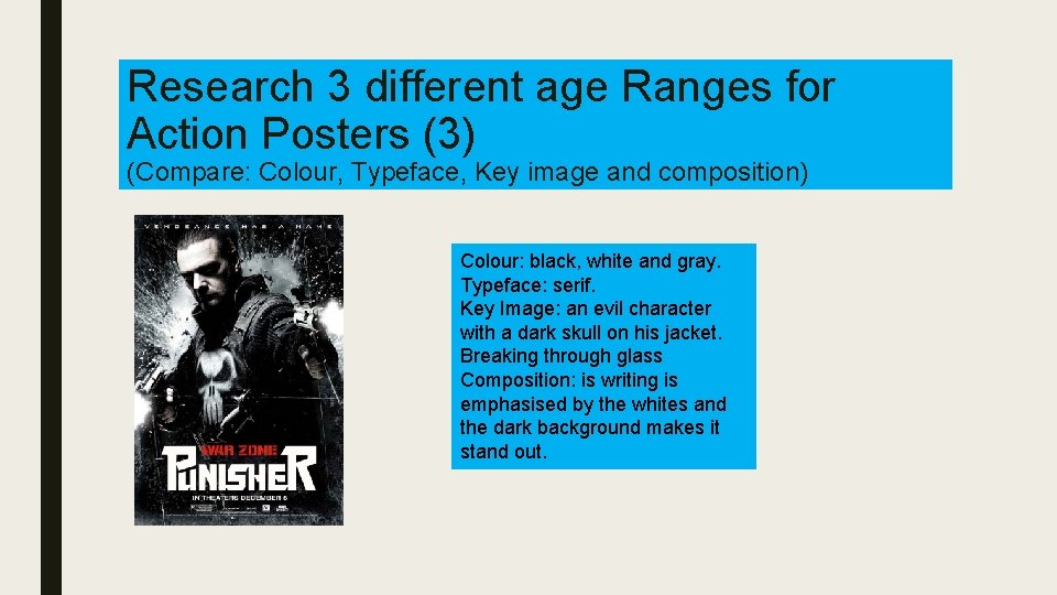 Research 3 different age Ranges for Action Posters (3) (Compare: Colour, Typeface, Key image