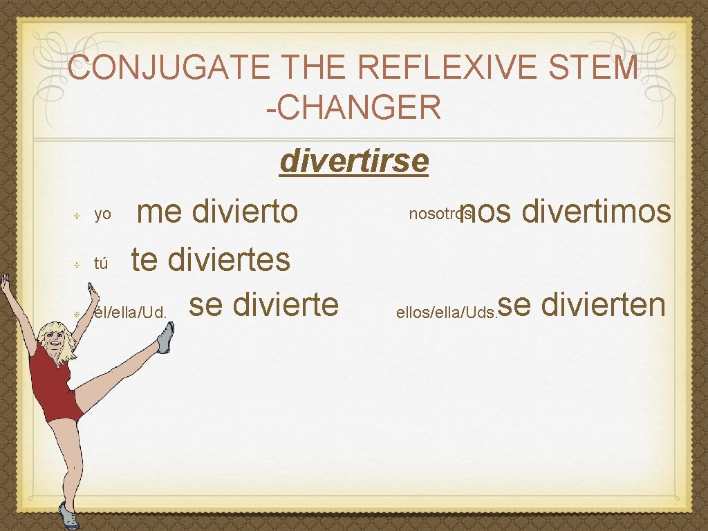 CONJUGATE THE REFLEXIVE STEM -CHANGER divertirse me divierto tú te diviertes él/ella/Ud. se divierte