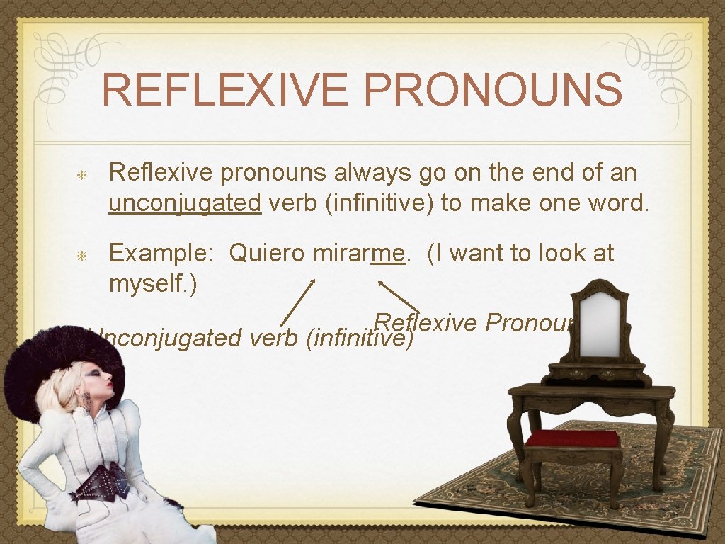 REFLEXIVE PRONOUNS Reflexive pronouns always go on the end of an unconjugated verb (infinitive)
