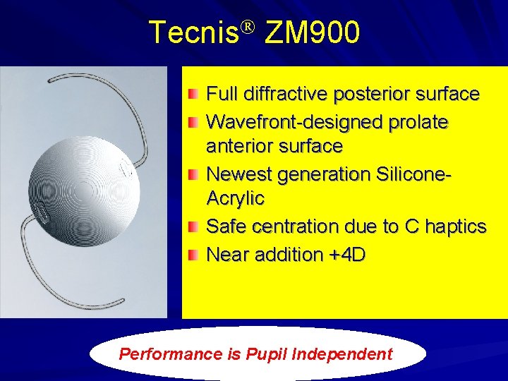 Tecnis ZM 900 Full diffractive posterior surface Wavefront-designed prolate anterior surface Newest generation Silicone.