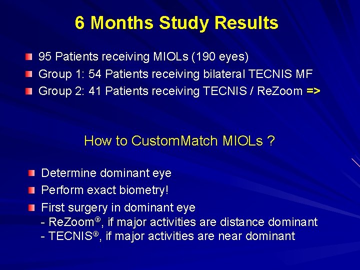 6 Months Study Results 95 Patients receiving MIOLs (190 eyes) Group 1: 54 Patients