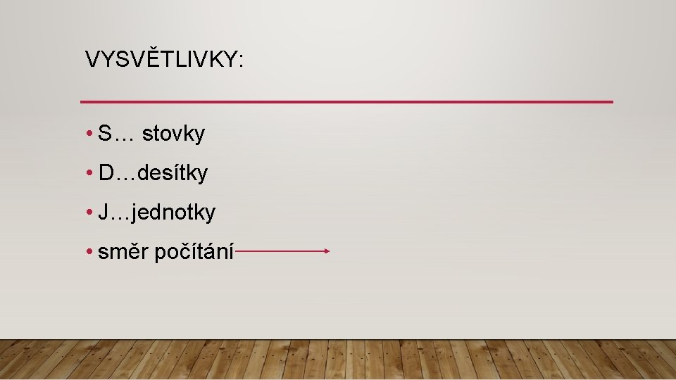 VYSVĚTLIVKY: • S… stovky • D…desítky • J…jednotky • směr počítání 