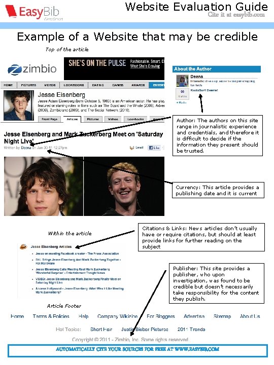 Citing a website article - MLA Website Evaluation Guide Cite it at easybib. com