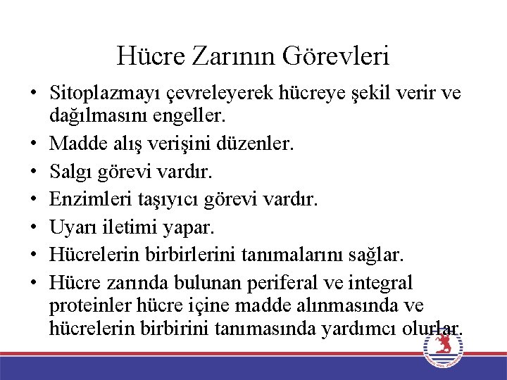 Hücre Zarının Görevleri • Sitoplazmayı çevreleyerek hücreye şekil verir ve dağılmasını engeller. • Madde