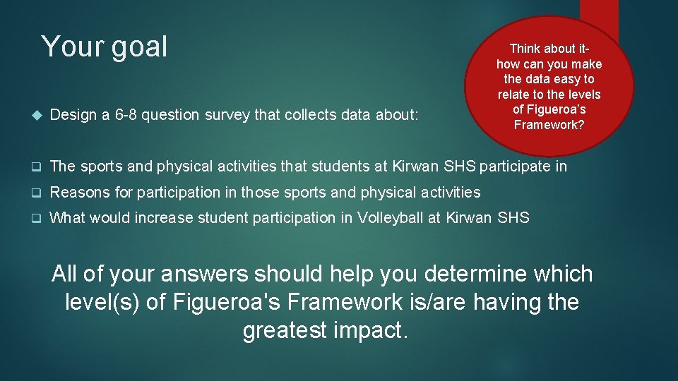 Your goal Think about ithow can you make the data easy to relate to