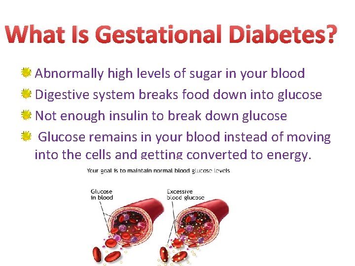 What Is Gestational Diabetes? Abnormally high levels of sugar in your blood Digestive system