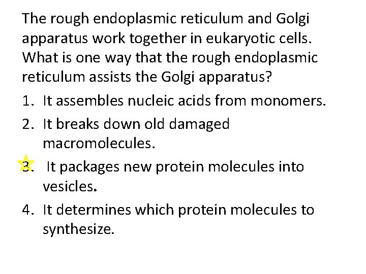The rough endoplasmic reticulum and Golgi apparatus work together in eukaryotic cells. What is