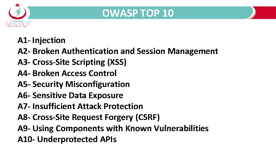 OWASP TOP 10 A 1 - Injection A 2 - Broken Authentication and Session