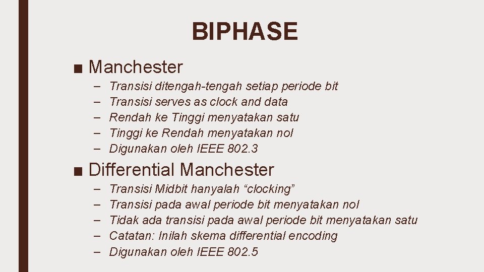 BIPHASE ■ Manchester – – – Transisi ditengah-tengah setiap periode bit Transisi serves as