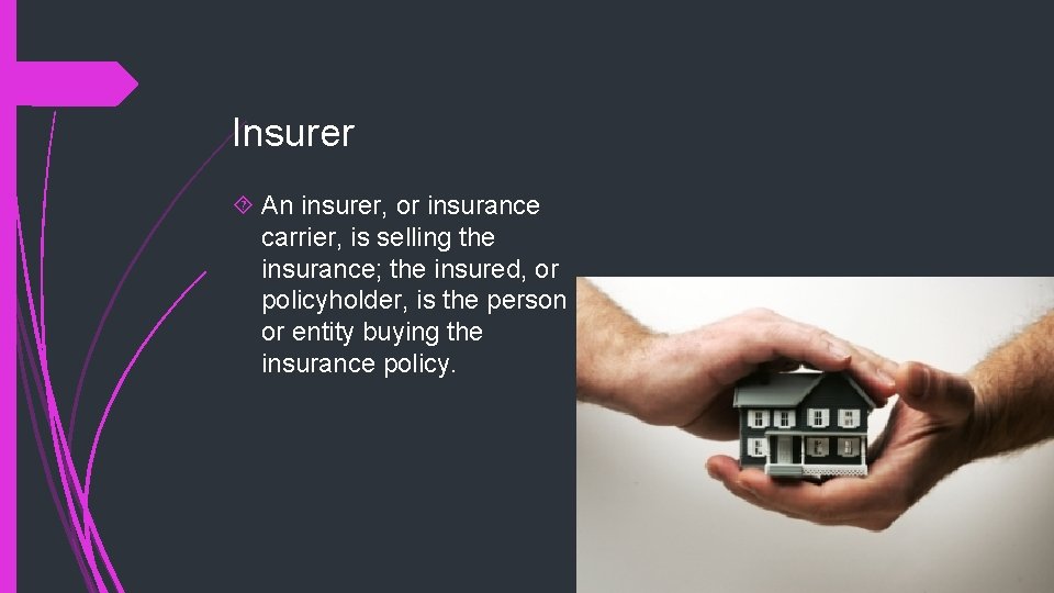 Insurer An insurer, or insurance carrier, is selling the insurance; the insured, or policyholder,