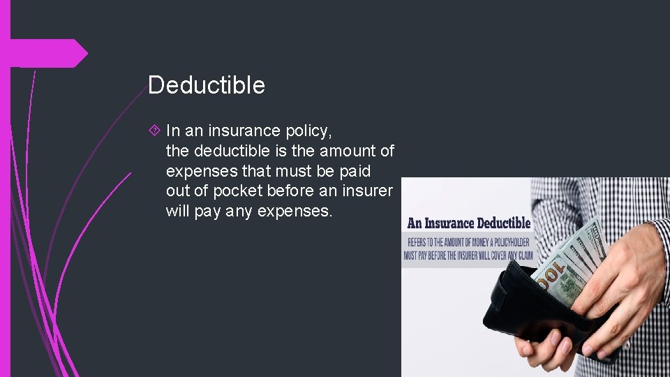 Deductible In an insurance policy, the deductible is the amount of expenses that must
