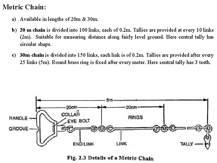 Metric Chain: a) Available in lengths of 20 m & 30 m. b) 20