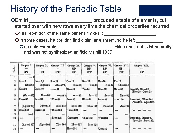 History of the Periodic Table ¡Dmitri ____________ produced a table of elements, but started