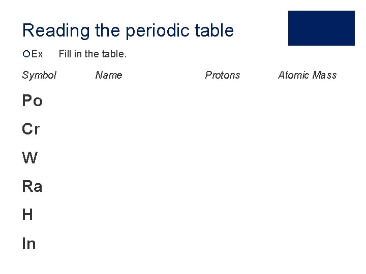 Reading the periodic table ¡Ex Symbol Po Cr W Ra H In Fill in