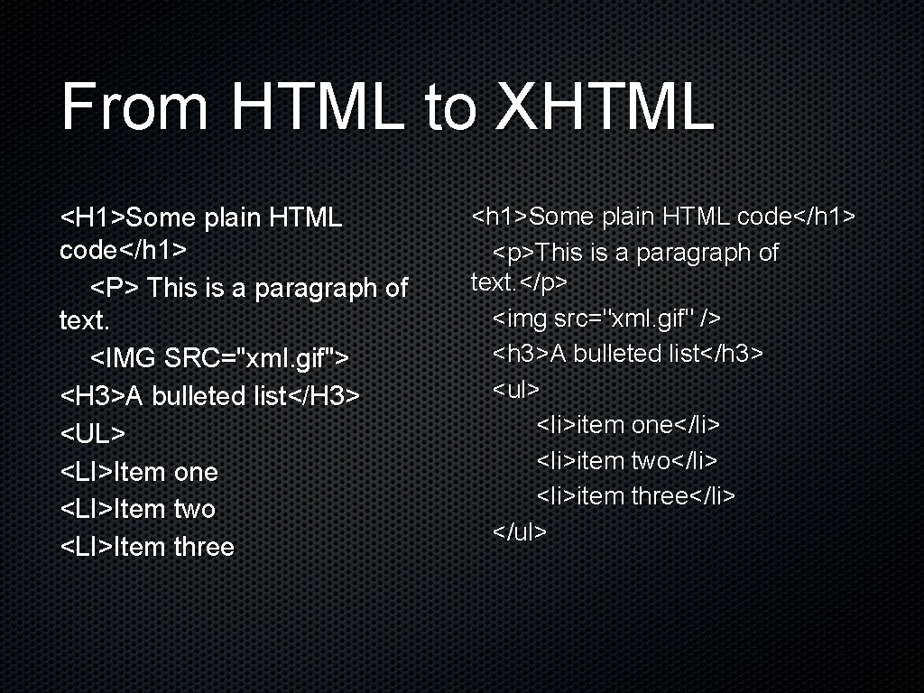 From HTML to XHTML <H 1>Some plain HTML code</h 1> <P> This is a