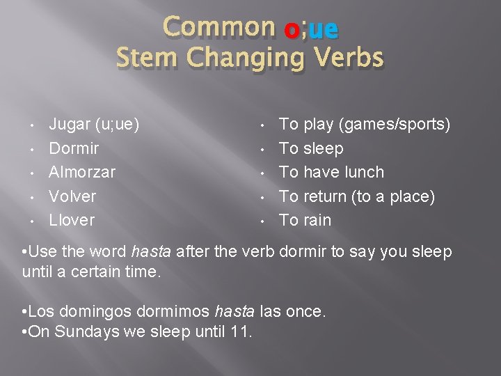 ue Common o ; ue Stem Changing Verbs • • • Jugar (u; ue)