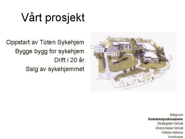 Vårt prosjekt Oppstart av Toten Sykehjem Bygge bygg for sykehjem Drift i 20 år