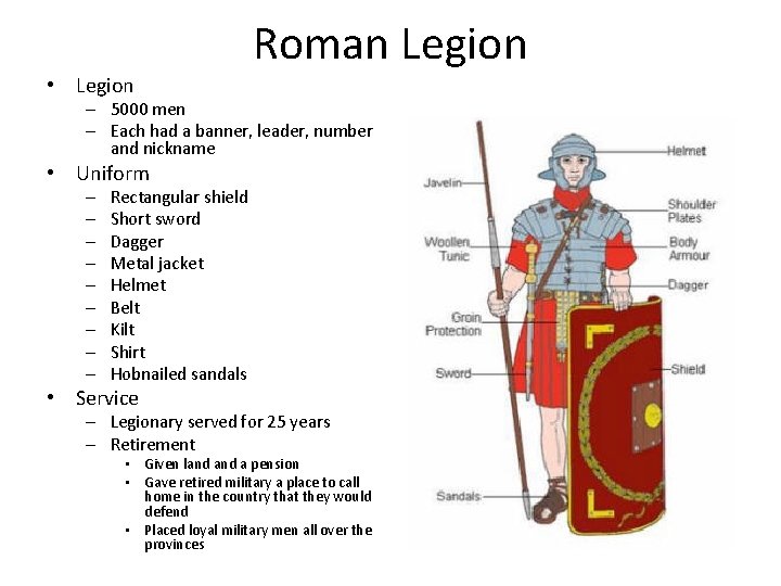  • Legion Roman Legion – 5000 men – Each had a banner, leader,