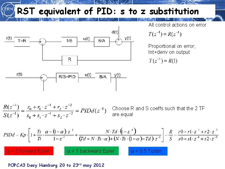 RST equivalent of PID: s to z substitution All control actions on error Proportional