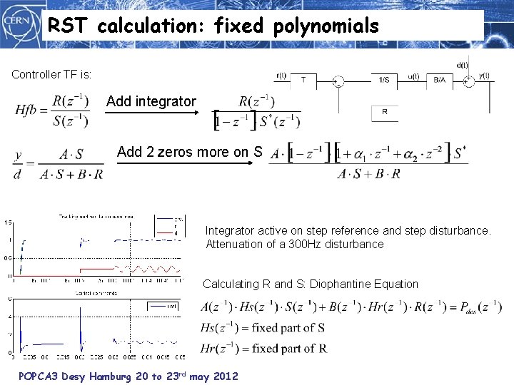 RST calculation: fixed polynomials Controller TF is: Add integrator Add 2 zeros more on