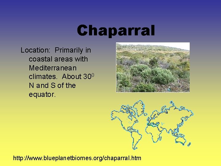 Chaparral Location: Primarily in coastal areas with Mediterranean climates. About 300 N and S