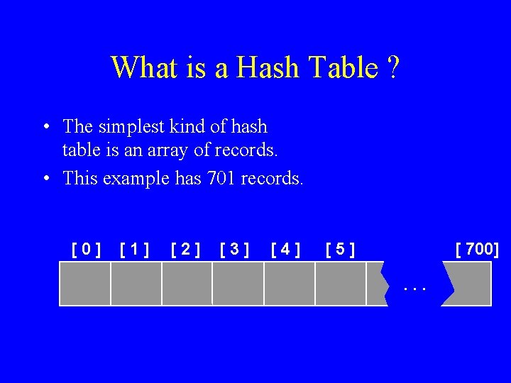 What is a Hash Table ? • The simplest kind of hash table is