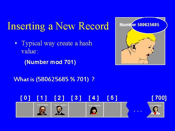 Inserting a New Record Number 580625685 • Typical way create a hash value: (Number