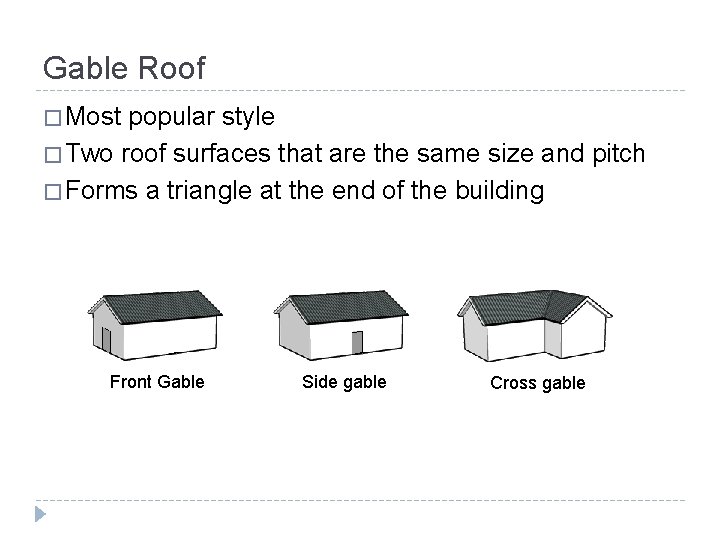 Gable Roof � Most popular style � Two roof surfaces that are the same