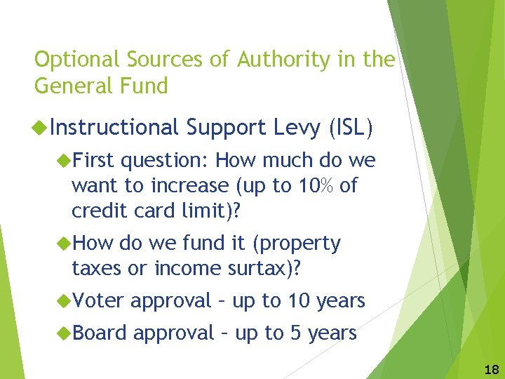 Optional Sources of Authority in the General Fund Instructional Support Levy (ISL) First question: