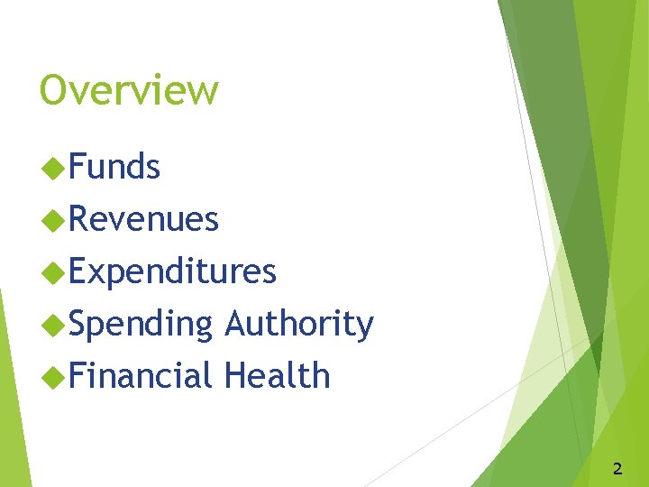 Overview Funds Revenues Expenditures Spending Authority Financial Health 2 2 