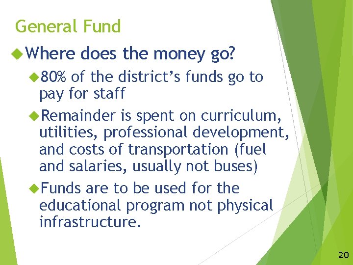 General Fund Where does the money go? 80% of the district’s funds go to