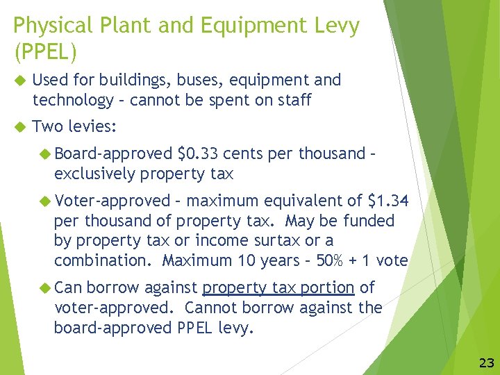 Physical Plant and Equipment Levy (PPEL) Used for buildings, buses, equipment and technology –