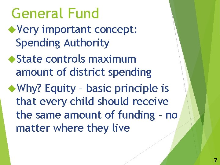General Fund Very important concept: Spending Authority State controls maximum amount of district spending