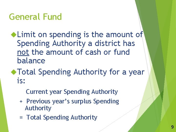 General Fund Limit on spending is the amount of Spending Authority a district has