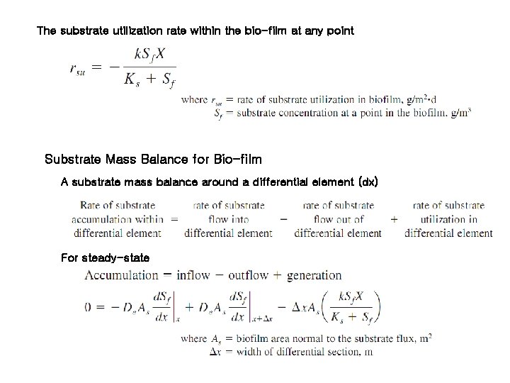 The substrate utilization rate within the bio-film at any point Substrate Mass Balance for