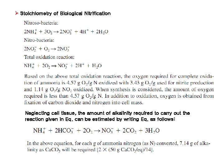 Ø Stoichiometry of Biological Nitrification Neglecting cell tissue, the amount of alkalinity required to